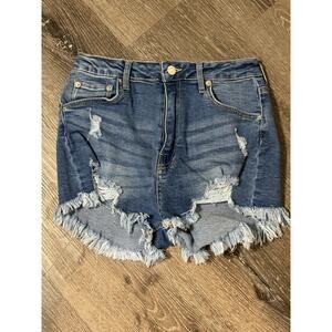 Love Tree Jean Shorts, Cut Offs, Frayed, Distressed, Medium Wash, Stretchy, M